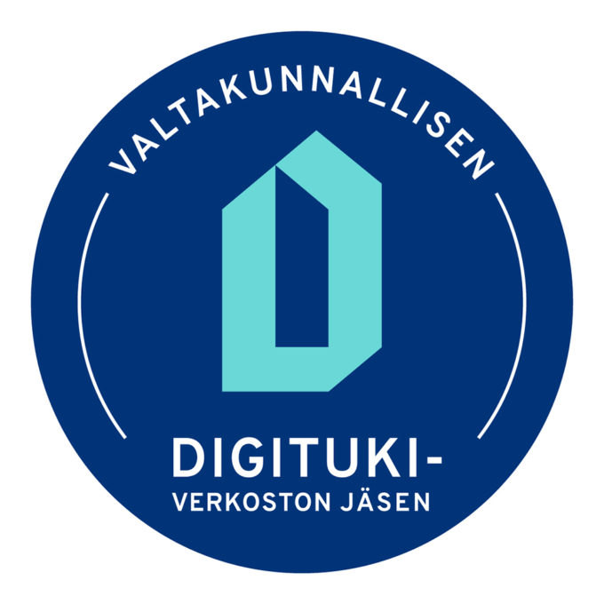 Sininen logo, jossa teksti: "Valtakunnallisen digitukiverkoston jäsen".