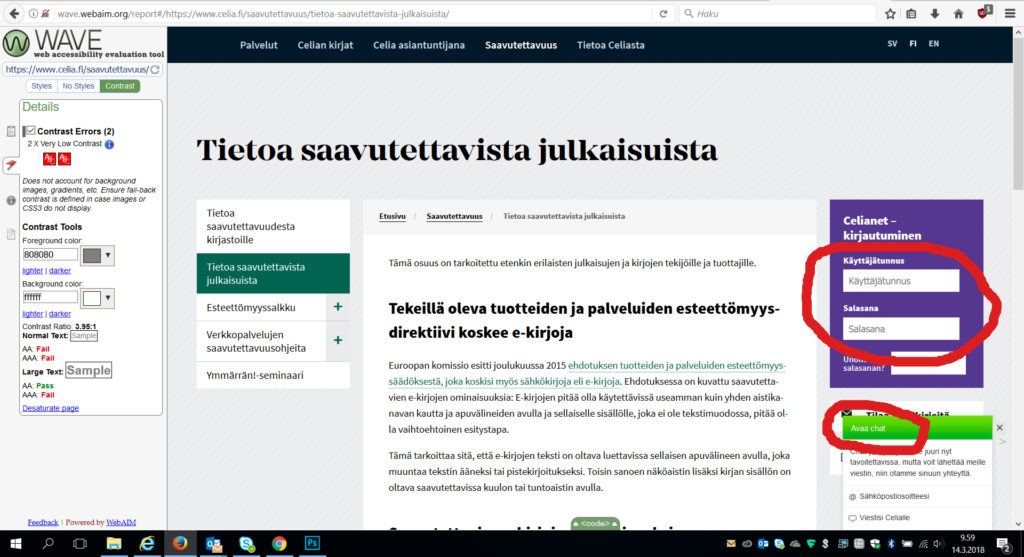 Kuvakaappaus Wave-työkalun analysoimasta sivusta, jossa on kaksi tummuuskontrastivirhettä. Kuva havainnollistaa esimerkinomaisesti edellä selostettua tekstiä.