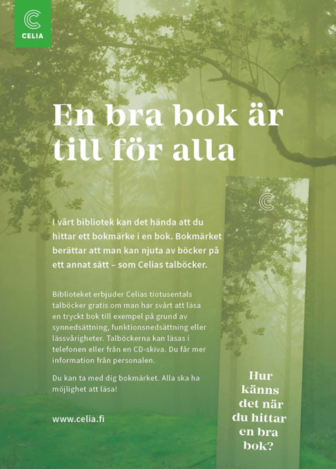 En affisch om kampanjen En bra bok är till för alla. I bilden finns affischen och ett bokmärke med ett grönt skogslandskap.
