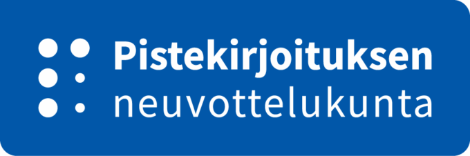 Logotypen för Delegationen för punktskrift. Vit text "Pistekirjoituksen neuvottelukunta" på finska på blå bakgrund och bokstaven p i punktskrift.